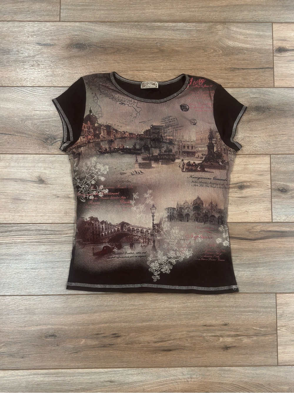 BLUE CANYON Vintage 2000s Y2k Venice Parisian Print Graphic Baby Tee | Size M